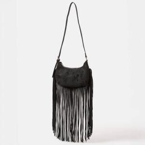 Vegan Suede Fringe Crossbody Bag | Black